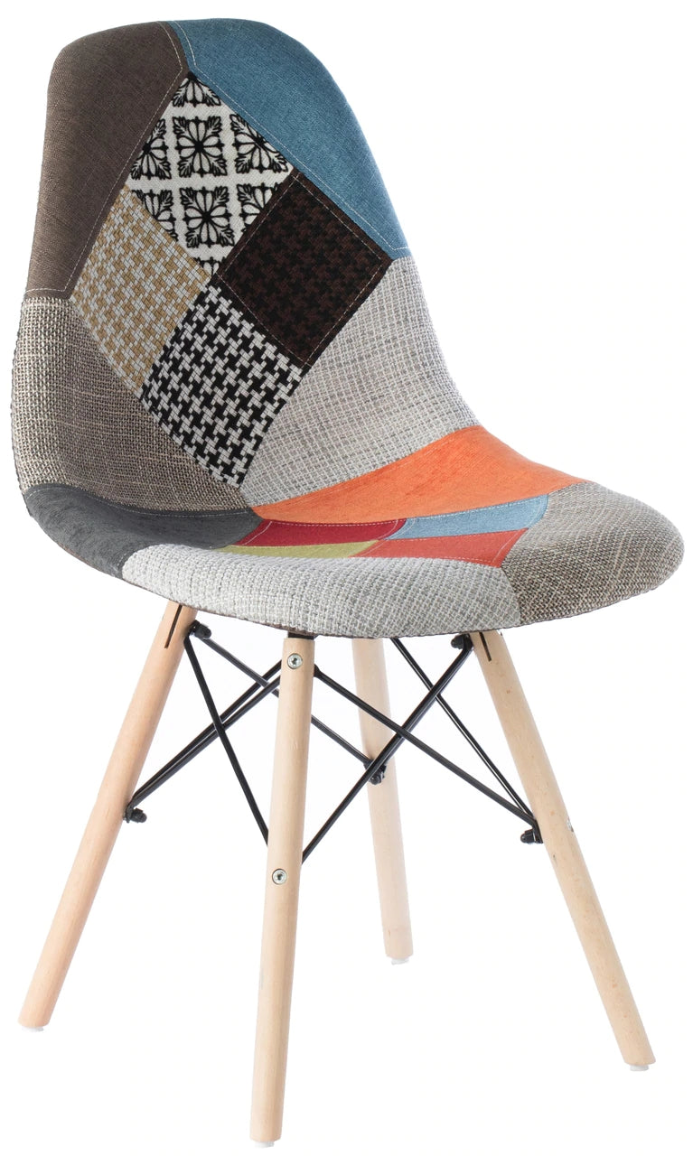 Mid-Century Modern Upholstered Plastic Multicolor Fabric Patchwork DSW Shell Dining Chair with Wooden Dowel Eiffel Legs