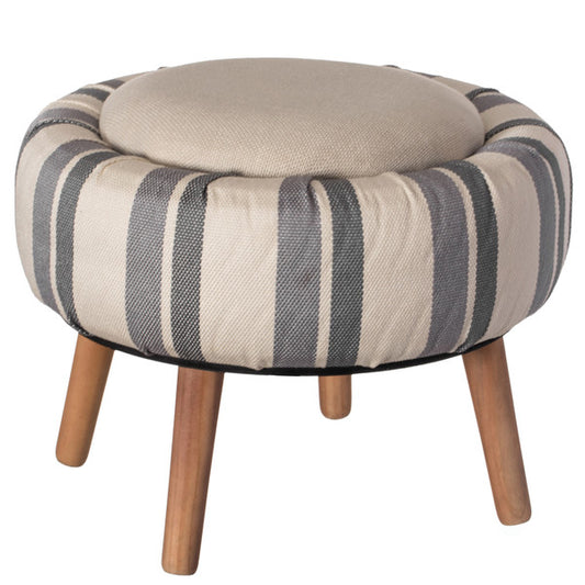 Modern Striped Round Fabric Ottoman with Inner Storage , White and Blue