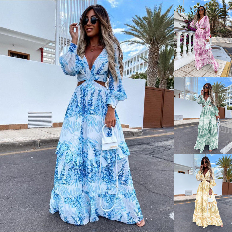 Elegant Women's Hollow Floor V-neck Long-sleeved Plant Dress