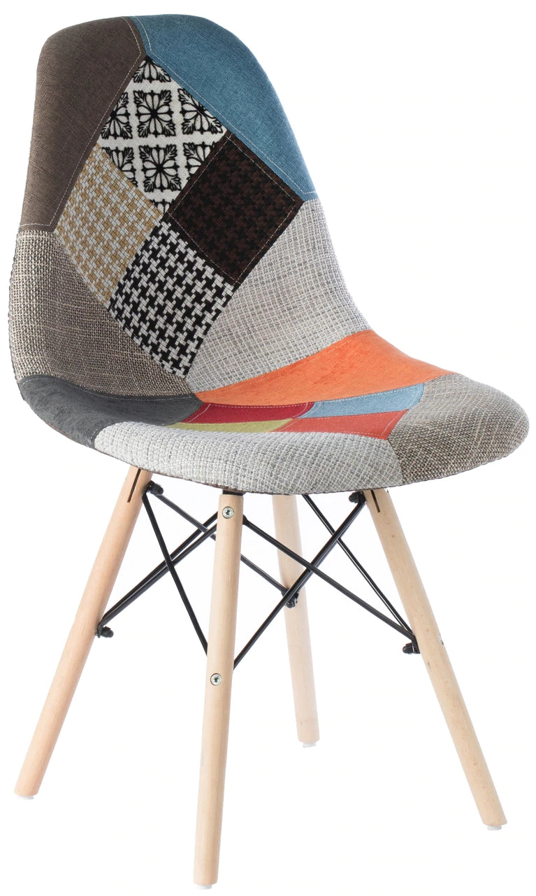 Mid-Century Modern Upholstered Plastic Multicolor Fabric Patchwork DSW Shell Dining Chair with Wooden Dowel Eiffel Legs The Artisan Square